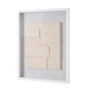 CUADRO VITRINA 60*80 CM,MARCO BLANCO Y ESCULTURA MADERA TALLADA BEIGE