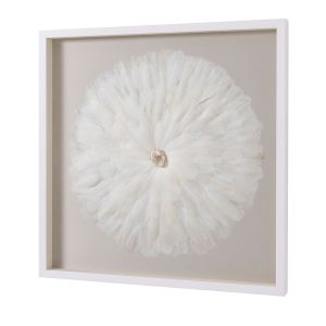 CUADRO VITRINA 80*80 CM, MARCO BLANCO CON PLUMAS Y PIEDRA CRISTAL