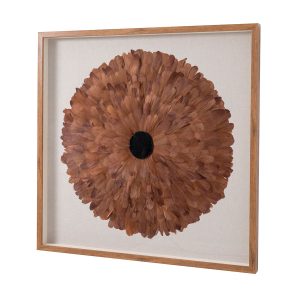 CUADRO VITRINA 100*100 CM, MARCO ROBLE Y PLUMAS CORAL CON PIEDRA CRISTAL