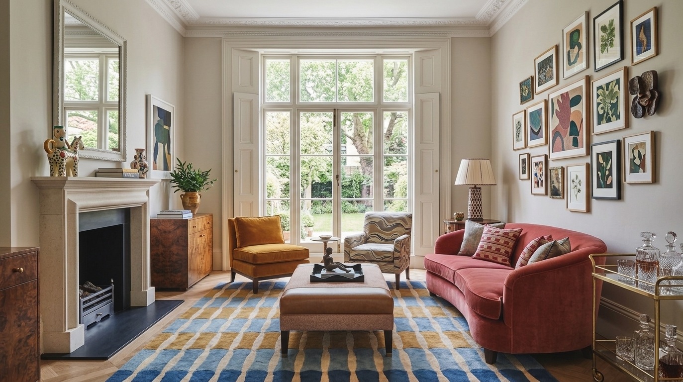 Salón de diseño de alto nivel con estética Dopamine Decor, sofá de terciopelo coral y ventanales señoriales