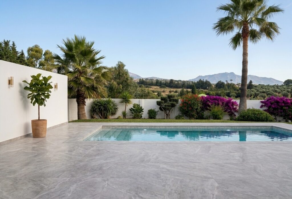 Diseño de exteriores con piscina moderna de lujo, pavimento de gres porcelánico gris de gran formato y paisajismo mediterráneo con palmeras y buganvillas, con vistas panorámicas a la montaña en la Costa del Sol.