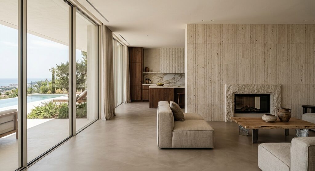Salón de villa de lujo en Marbella con suelo de microcemento, paredes de piedra natural travertino y grandes ventanales con vistas al mar Mediterráneo.