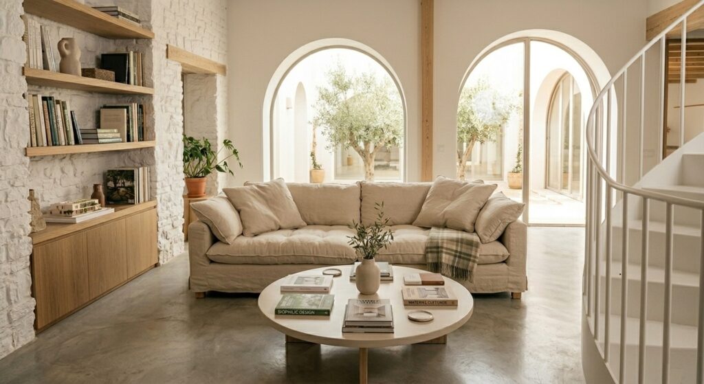 Salón con diseño ecológico y patio al fondo