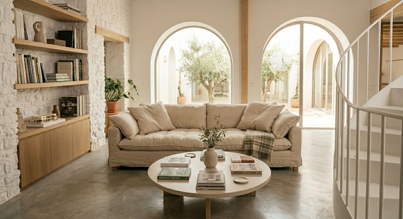 Salón con diseño ecológico y patio al fondo