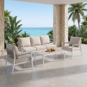 SET TERRAZA FORMENTOR, SOFAS Y MESA DE CENTRO ALUMINIO BLANCO Y ASIENTOS BEIGE