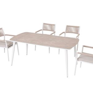 SET COMEDOR TERRAZA MACARELLA,MESA 180*90 + 6 SILLAS ALUMINIO BLANCO Y ASIENTOS BEIGE