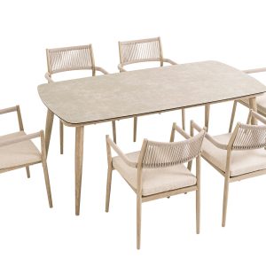 SET COMEDOR TERRAZA MACARELLA,MESA 180*90 + 6 SILLAS ALUMINIO IMITACIÓN MADERA Y ASIENTOS BEIGE