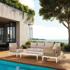 SET TERRAZA GRANADELLA, SOFAS Y MESA DE CENTRO ALUMINIO BLANCO, CUERDA SINTETICA Y ASIENTOS BEIGE