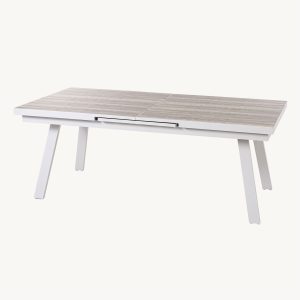 MESA EXTENSIBLE PARA EXTERIOR 202/263*100*76.5 CM, ALUMINIO BLANCO Y TAPA CERAMICA EFECTO MADERA