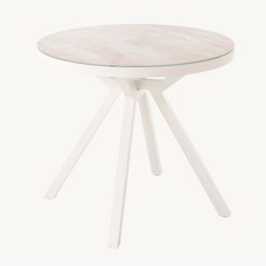 MESA REDONDA MARTINA 80 CM, ALUMINIO BLANCO Y TAPA CRISTAL TEMPLADO EFECTO MARMOL. 80*80*75 CM