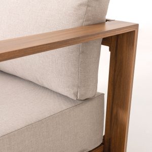 CONJUNTO  EXTERIOR ALTEA, SOFA, 2 BUTACAS Y  MESA DE CENTRO ALUMINIO EFECTO MADERA Y TEJIDO BEIGE.