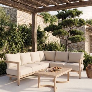 RINCONERA EXTERIOR AVA, CON MESA DE CENTRO ALUMINIO EFECTO MADERA Y TEJIDO BEIGE