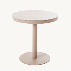 MESA REDONDA ANDREA 70 CM, ALUMINIO BEIGE Y TAPA PORCELANICO EFECTO MARMOL BEIGE. 70*70*74 CM