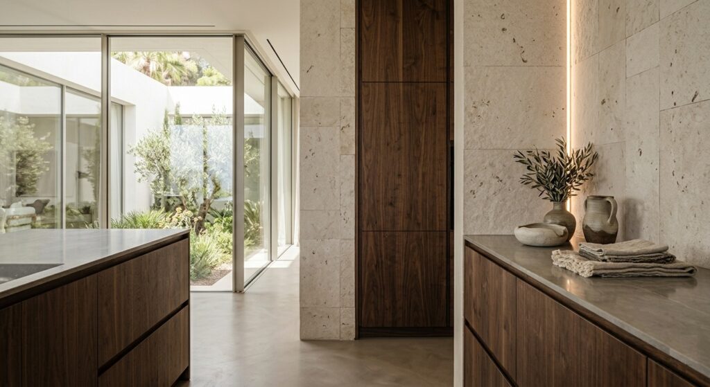 Cocina de lujo en Estepona con isla de madera de nogal, encimera técnica y paredes de piedra natural con iluminación LED integrada