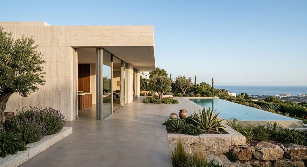 Fachada de villa de lujo en Marbella con revestimiento de piedra caliza, piscina infinita y terraza de microcemento frente al mar.