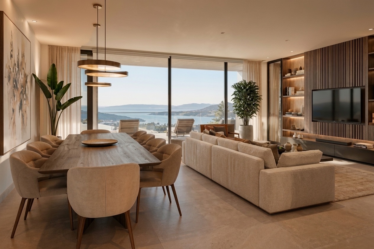Salón elegante de diseño con vistas al mar