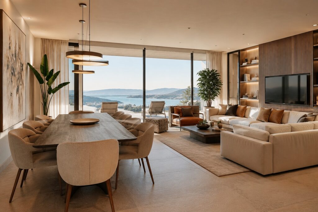 Salón comedor con ventanal y vistas al mar