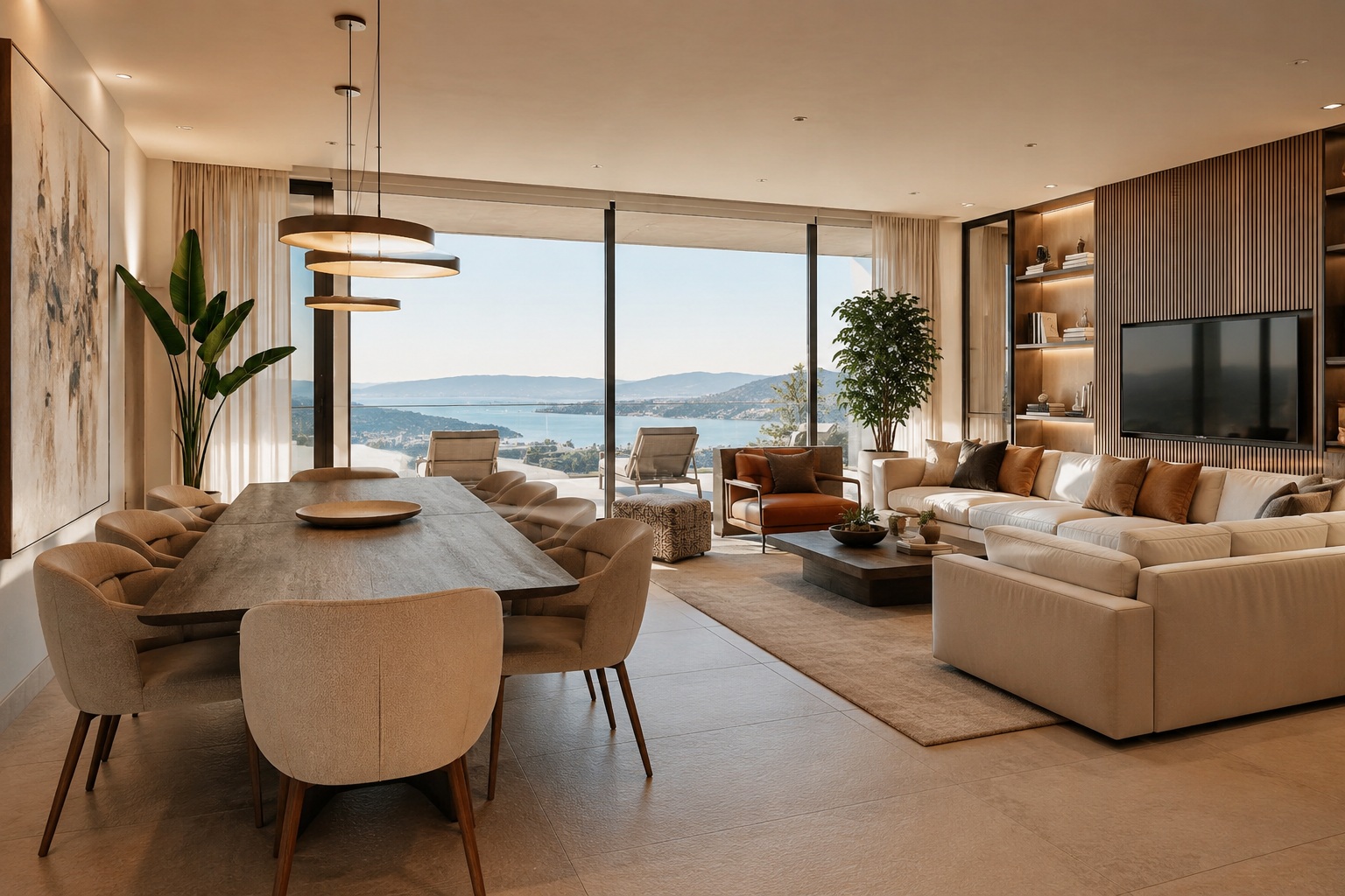 Salón comedor con ventanal y vistas al mar