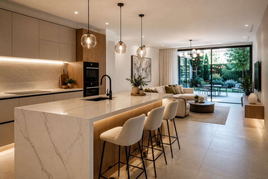 Proyecto de interiorismo con cocina abierta, isla central y salón de estilo contemporáneo realizado por DOSS Interiorismo en Córdoba.