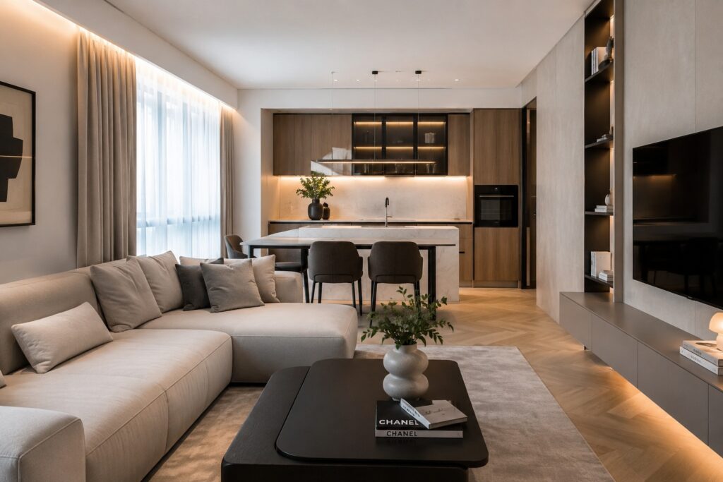 Salon con cocina integrada piso pequeño