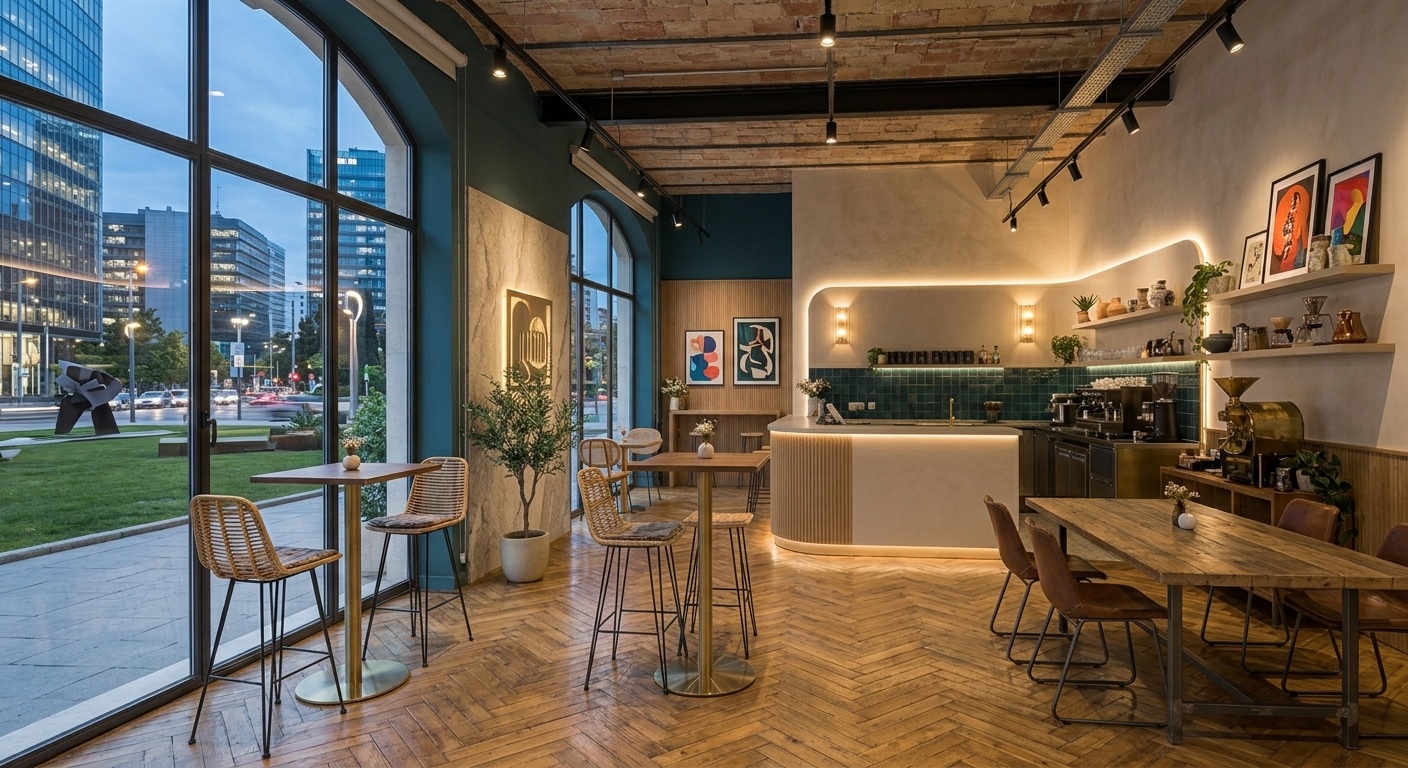 Interior de cafetería de diseño moderno y acogedor en Córdoba con suelo de parqué en espiga, techos abovedados de ladrillo y vista a la ciudad a través de grandes ventanales. Proyecto realizado por DOSS Interiorismo